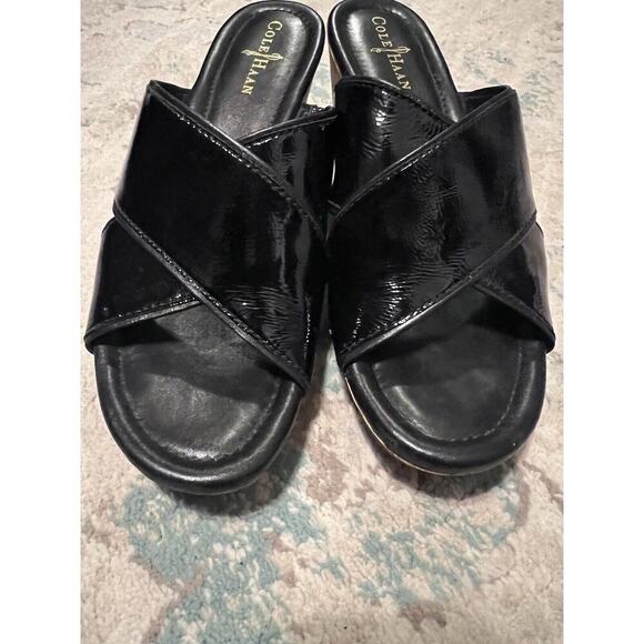 Cole Haan Nike Air Women Wedge Heel Slide Sandals Size 9 B Black Leather Strap X - Picture 6 of 6
